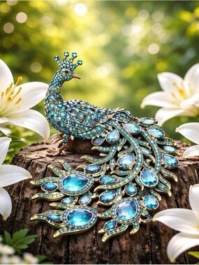 Kirks Folly Teal Peacock Brooch Large
Rhinestone Statement Pin 5”x3.5” whimsical